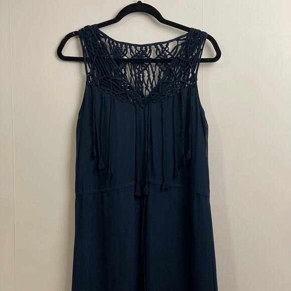 Calypso St. Barth M summer maxi dress navy blue lace rope fringe lined silk - Picture 2 of 7